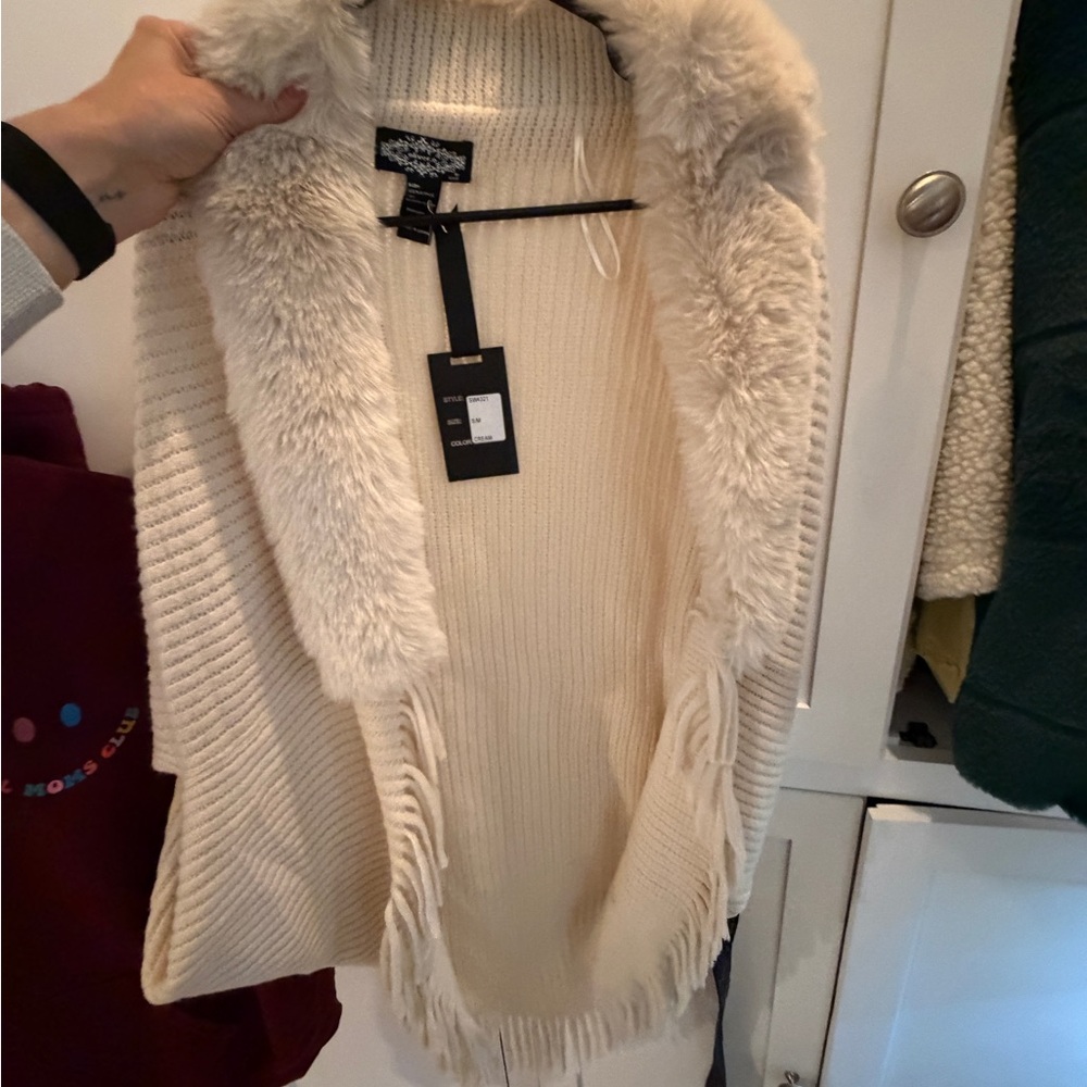 Cream Cardigan with Faux Fur Trim